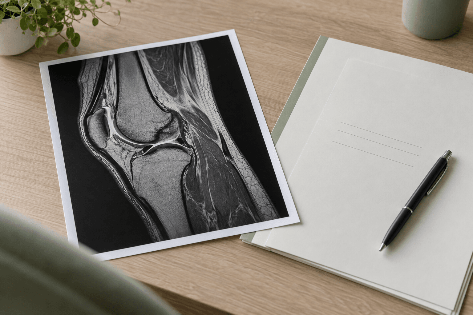 Dr. med. Martin Nauroz bespricht eine Knie-MRT-Aufnahme mit einem Patienten