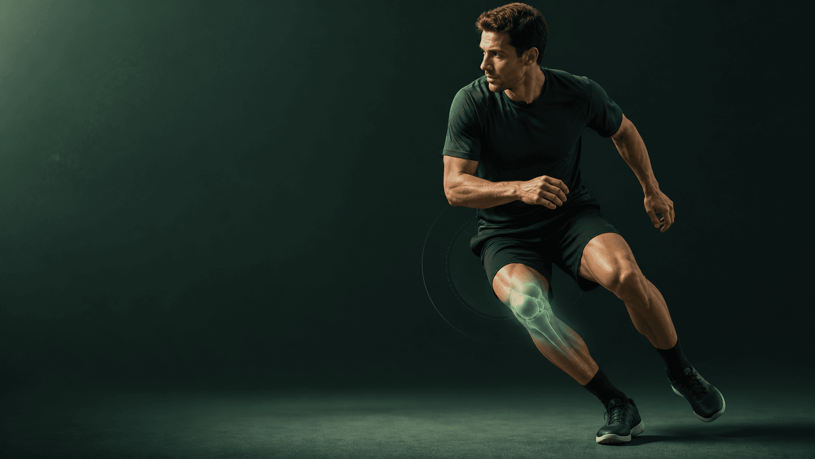 Editoriale Illustration: Sportler mit dezent hervorgehobenem Knie beim Richtungswechsel