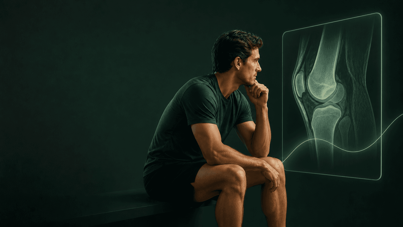Editoriale Illustration: sportliche Person betrachtet eine Knie-MRT-Aufnahme